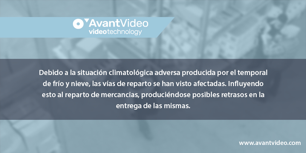 AvantVideoTech's tweet image. ❄ Queridos clientes ante la situación meteorológica que estamos viviendo. 

🚛 Las vías de reparto se han visto afectadas por lo que pueden producirse retrasos en los envíos.

💻 Gracias por vuestra compresión