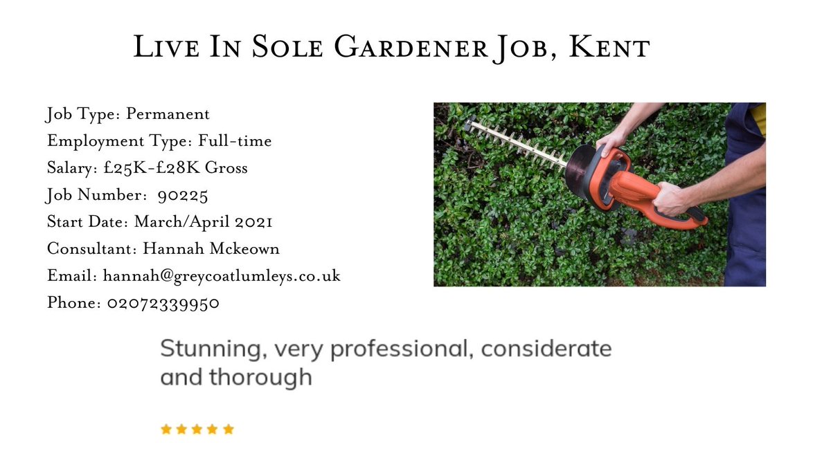 An excellent opportunity for a Sole Gardener to work for a family in their beautiful home in the countryside in Kent close to Ashford.

Click here for full job spec ow.ly/yIuh50D5idG

#jobsinkent #gardener #gardeningjobs