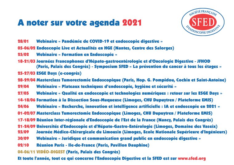 SFED_Endoscopie's tweet photo. La #SFED vous présente ses meilleurs voeux pour 2021 ainsi que l'agenda des réunions, avec des nouveautés, un Webinaire thématique mensuel (le dernier jeudi, de 19 h à 20 h), des masterclasses sur l'EMR et une formation à l'ESD (infos précises à venir). https://t.co/lqFEeWnVPp https://t.co/L2094AOgFB