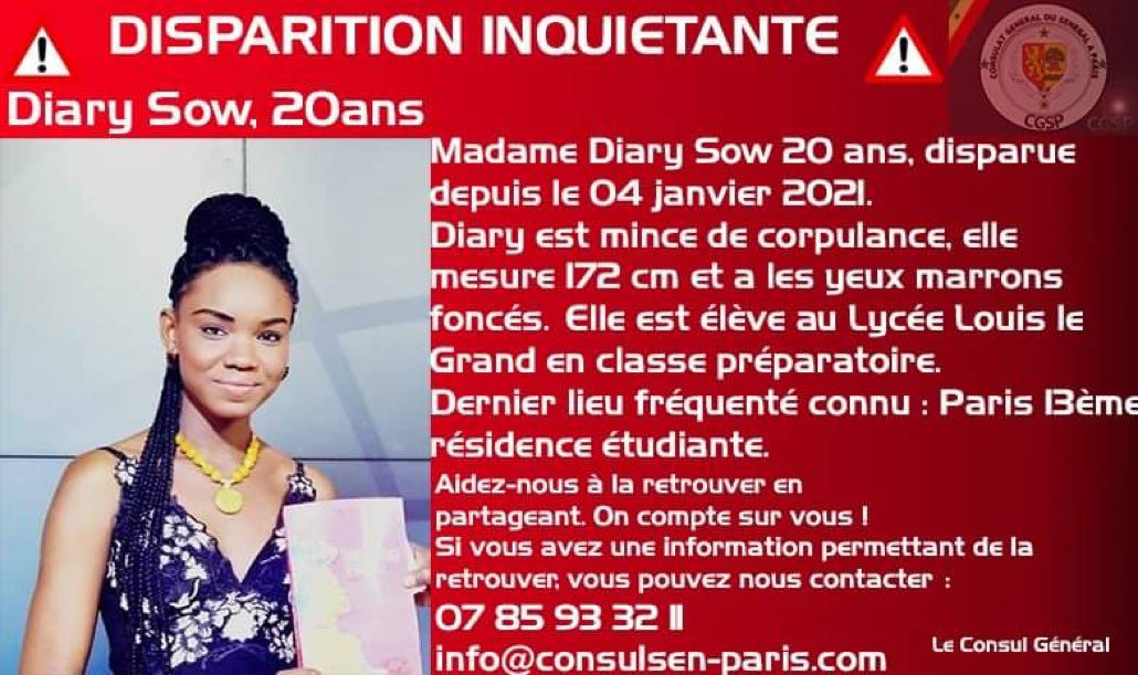 vpecresse's tweet photo. Tout mon soutien à la communauté éducative du lycée #LouisLeGrand &amp; aux forces de l’ordre mobilisées pour retrouver la jeune étudiante de math spé Sénégalaise #DiarySow disparue depuis le 4 janvier. Aidez-nous à la retrouver en RT cette alerte @ConsulSenParis1 #RetrouvonsDiarySow https://t.co/3L8PZX6vbT