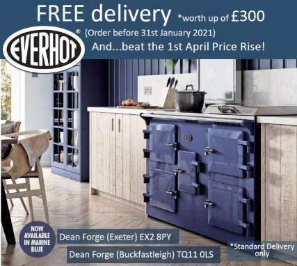 Free Delivery* and installation worth up to £300 when you order a new #Everhot Cooker before 31st January 2021
Standard delivery and Installation - T&amp;Cs apply. For more details contact us. Beat the 1st April price rise!