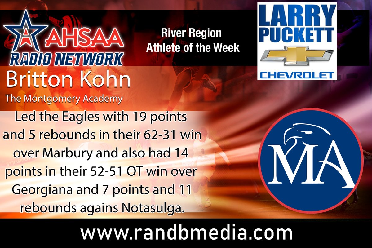 ahsaaradio's tweet photo. Congratulations to @BrittonKohn from @MAEagles for being named the River Region Athlete of the Week! Sponsored by @lpcchevrolet https://t.co/MqvsKq1mGq