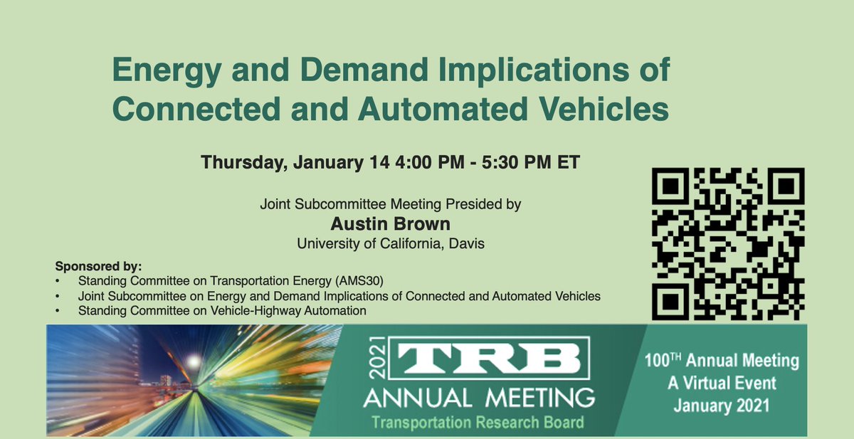 📣📣TRB Energy and Demand Implications of Connected and Automated Vehicles - Thur 1/14 at 4pm at #TRBAM, presided by Dr. Austin Brown <a href="/DokEnergy/">Austin Brown</a> 

Full agenda and *free* registration info: annualmeeting.mytrb.org/OnlineProgram/…

 #energytwitter #AutonomousVehicles