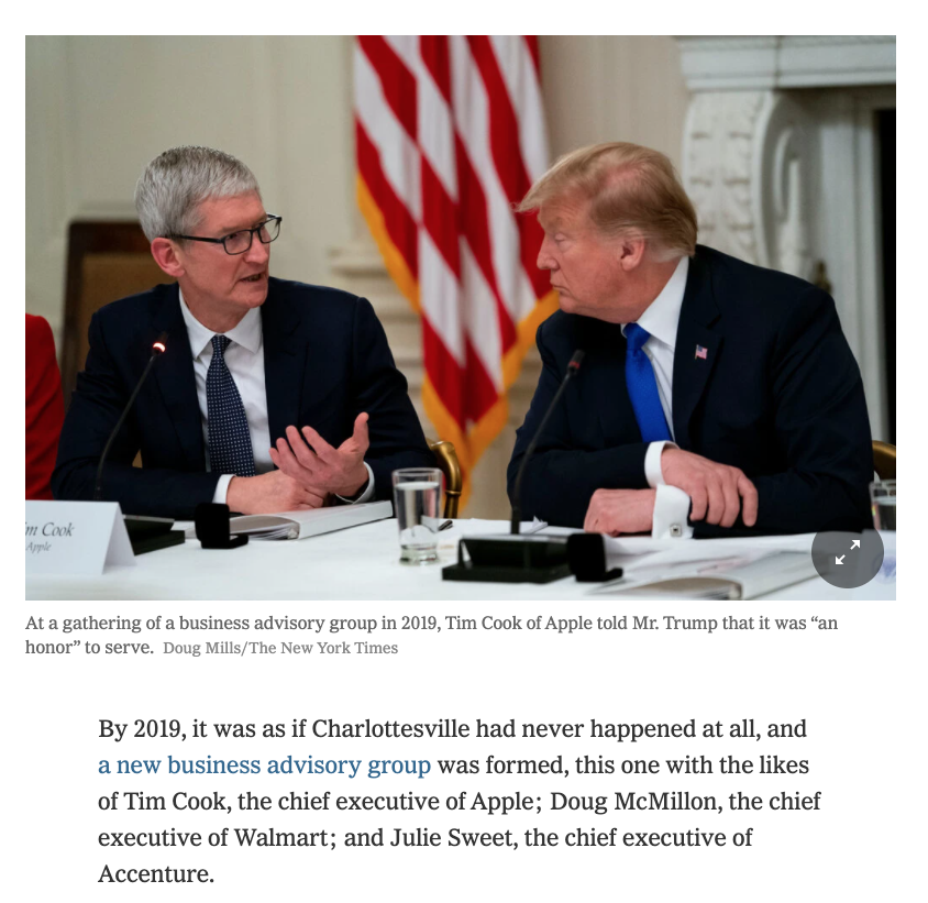 Seeing someone like Tim Cook, who almost certainly does not hold Trumpian views, work with Trump signaled to the world that the president was containable. Check out this  @dgelles piece:  https://www.nytimes.com/2021/01/07/business/corporate-america-trump-capitol-mob.html