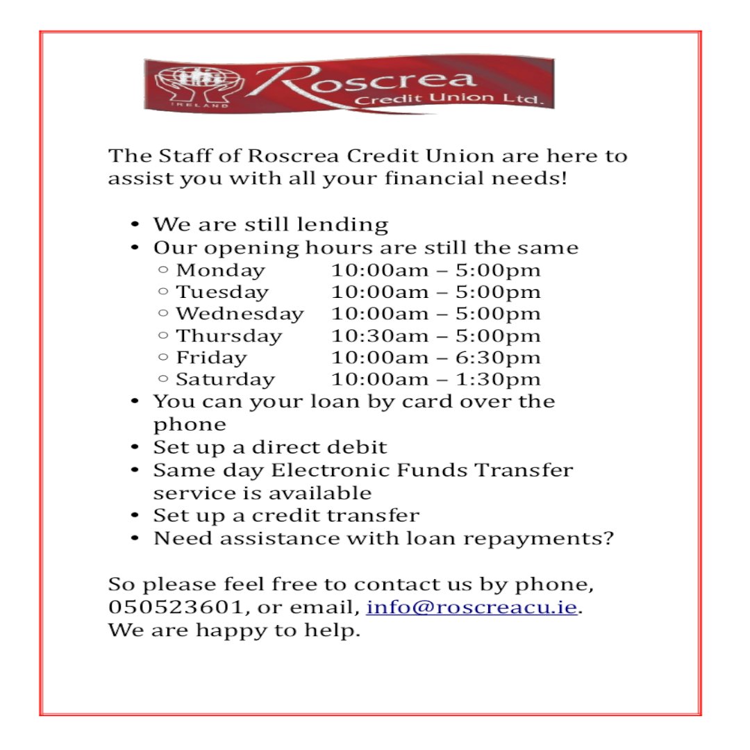 RoscreaCU's tweet photo. We would like to assure our members that we are open as normal. Please pay attention to social distancing, and use the hand sanitisers provided. We can be reached via phone at 050523601 or email info@roscreacu.ie. 
You can apply online for a loan at https://t.co/hh8BgxJzm3. https://t.co/7DRs6nvT9i