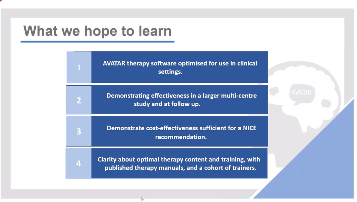 NRS_MH's tweet photo. ๐ฃ@ClemEdwards bringing the #AVATAR2Launch presentations to a close outlining what @AvatarLdn trial teams at @UofGMHW @KingsIoPPN @FBMH_UoM and @UCLBrainScience hope to learn from the AVATAR2 trial of AVATAR therapy for people who hear distressing voices
๐Referrals now OPEN https://t.co/Oq8W9RUE4U