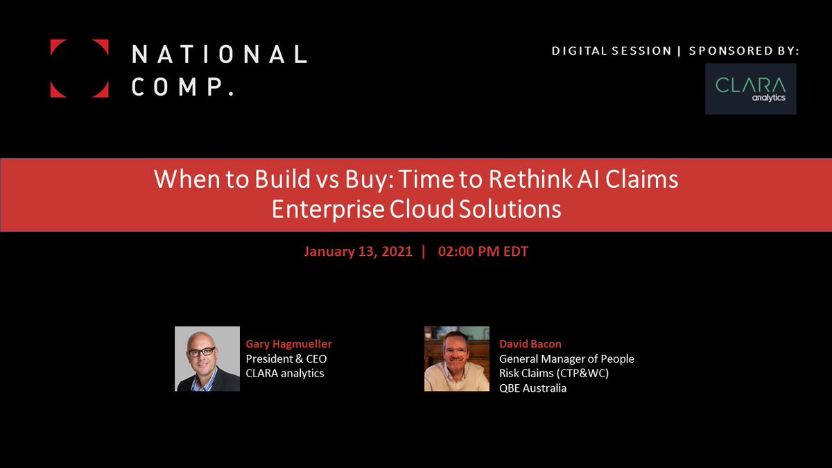 claraanalytics's tweet photo. Don't miss our upcoming #NWCDConf digital session on 1/13, 2pm ET -- When to Build vs Buy: Time to Rethink AI Claims Enterprise Cloud Solutions presented by Gary Hagmueller, CLARA Analytics and David Bacon, @QBE https://t.co/w36FuahgrR https://t.co/kwPiY9DmAH