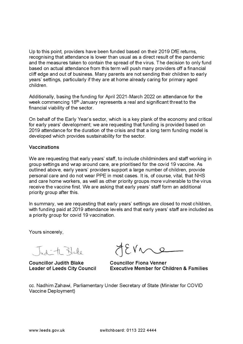 This is the letter @cllrjudithblake  & I wrote to @vickyford & @nadhimzahawi on behalf of the Leeds Early Years sector. We’re requesting EY settings, like schools, are closed to most children, that the sector is adequately funded and that staff must be prioritised for vaccination