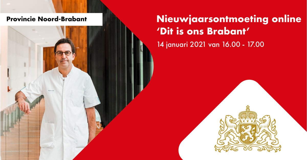 As. donderdag van 16.00 tot 17.00 uur: speciale online editie provinciale nieuwjaarsontmoeting. Met als gasten: Floris Alkemade over ruimte, Eric van Schagen over de arbeidsmarkt anno 2021 en Diederik Gommers over gezondheid en de toekomst. Meer info:  brabant.nl/info/nieuwjaar…