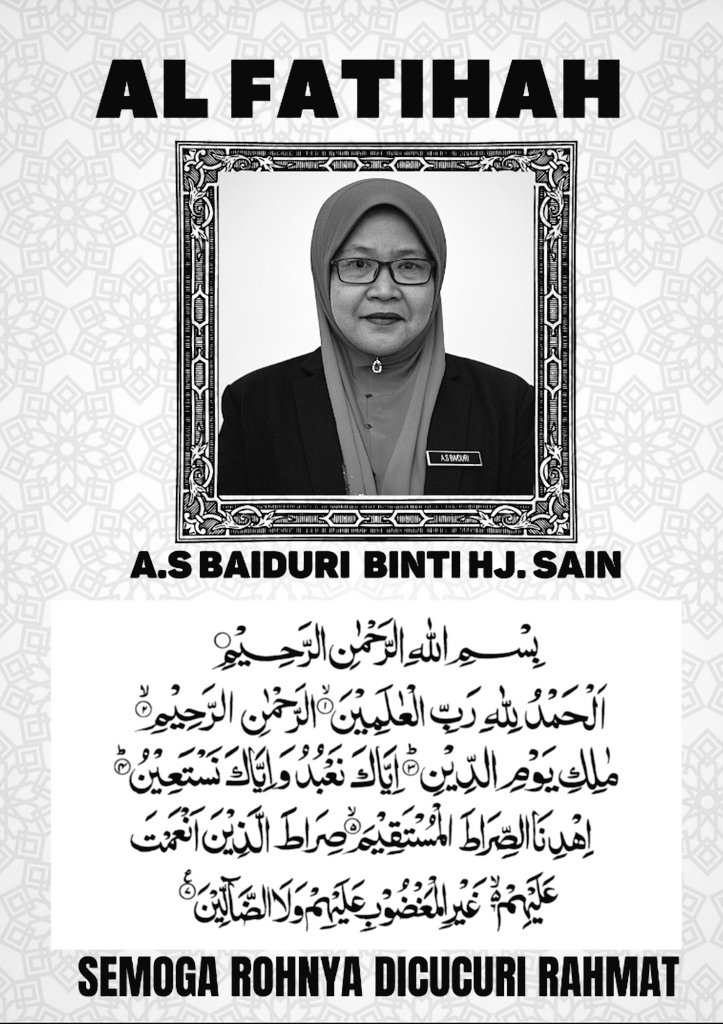 PPDKotaBelud's tweet photo. Al-Fatihah..
A.S Baiduri Binti Hj. Sain
Guru SK Pekan Kota Belud

Telah kembali ke rahmatullah pada 11 Jan 2021 di Hospital Kota Belud.
Semoga rohnya dicucuri rahmat.

Salam takziah daripada seluruh warga pendidikan daerah Kota Belud. https://t.co/HIsqlZS3Fm