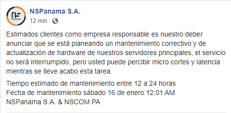 NSPanama's tweet photo. Tarea de Mantenimiento: sábado 16 enero, 12:01 AM https://t.co/MQu6IbOtVs
