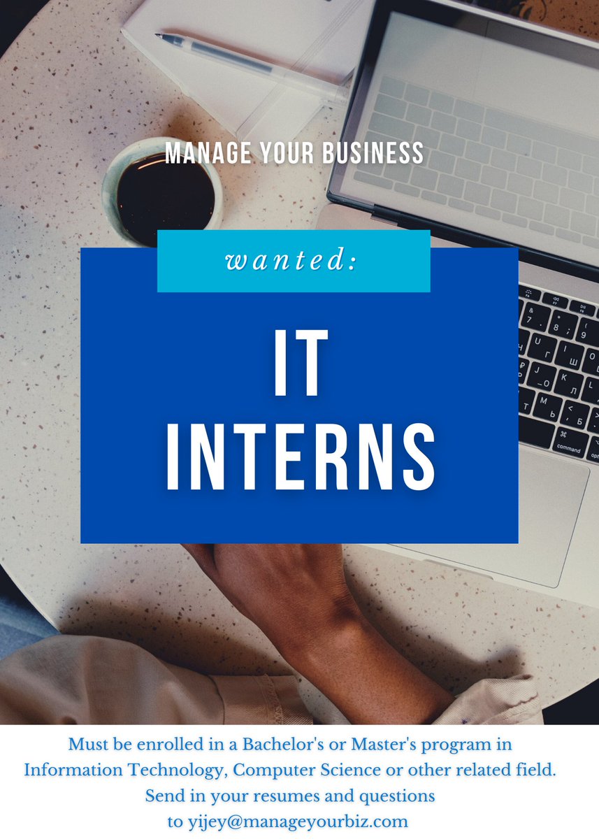 *WANTED*
Manage Your Business is hiring for spring IT interns.
The intern will work on day-to-day IT help desk projects and tasks to enhance their collegiate learning experience. Send any resumes or questions to yijey@manageyourbiz.com
#MYB #IT #springinterns