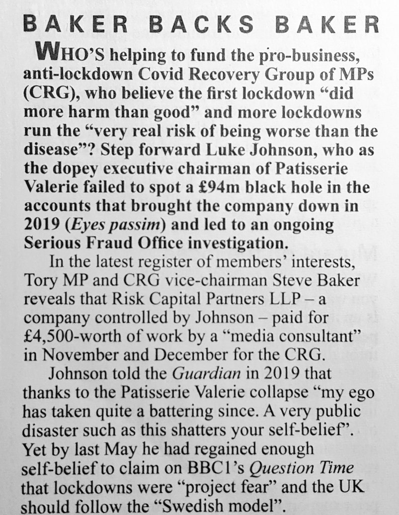 guess who's funding the "Covid Recovery Group" of MPs who who have almost certainly deepened and prolonged the UK's Covid-19 crisis through inane contrarianism? Step forward Luke Johnson, who failed to spot a £94m blackhole in Patisserie Valerie's accounts. via  @PrivateEyeNews