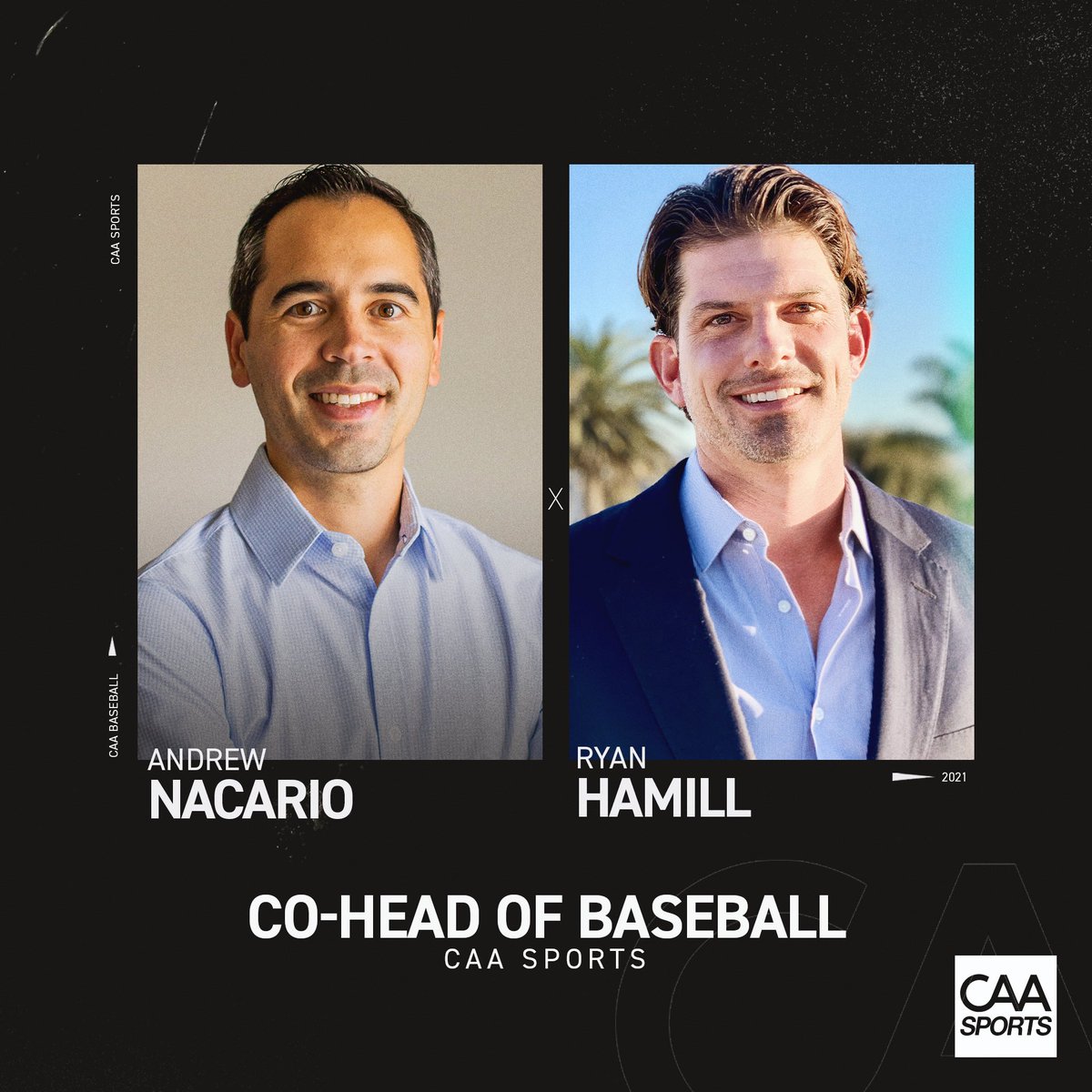 CAA_Baseball's tweet photo. Congratulations to our very own Andrew Nacario and Ryan Hamill on being elevated to Co-Heads of CAA Baseball. https://t.co/BIWNawR3ah https://t.co/W88bKuFhWb