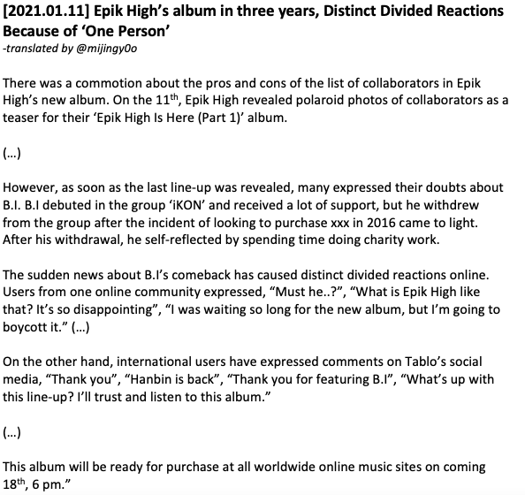 mijingy0o's tweet photo. [2021.01.11] Epik High’s album in three years, Distinct Divided Reactions Because of ‘One Person’

There was a commotion about the pros and cons of the list of collaborators in Epik High’s new album. On the 11th, Epik High revealed polaroid photos of collaborators as a teaser... https://t.co/47PQ8zYmyg
