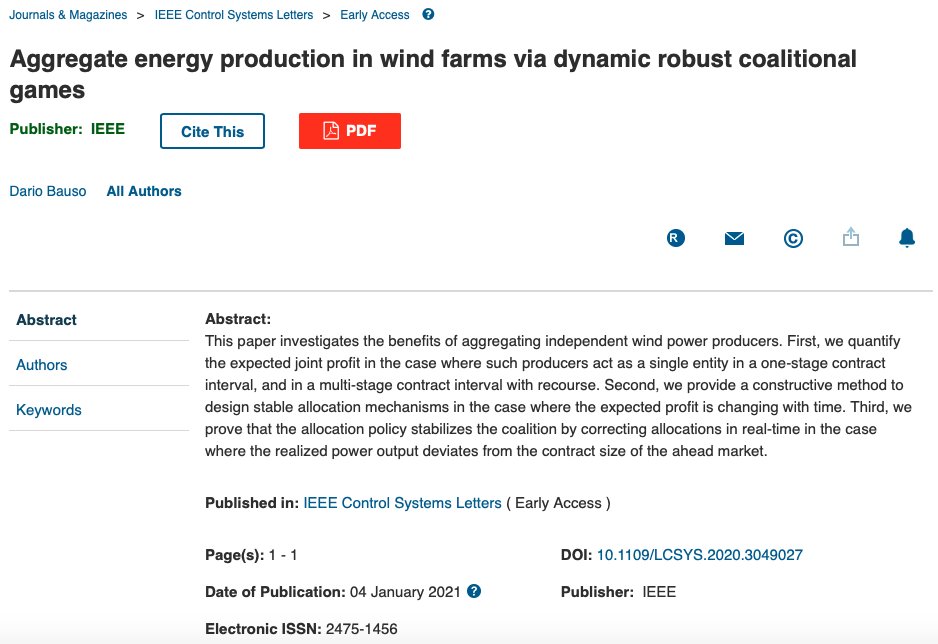 'Together is better!' Checkout the latest on Aggregate Energy Production in Wind Farms via Dynamic Robust Coalitional Games lnkd.in/giMaXCQ
#gametheory #optimization #controlsystems #controlengineering #powerengineering #virtualpowerplants #ieeecs #mathematicalmodeling