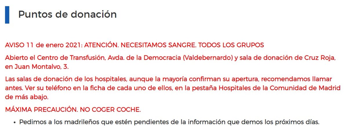 policia's tweet photo. ⚠URGENTE⚠ 

Se necesita #sangre en #Madrid

La nevada❄ ha dejado las reservas en nivel crítico 

Si donas en 🏨 llama antes para confirmar 

¡Ten precaución! No cojas el coche🚗 https://t.co/OIJ297N7Ue