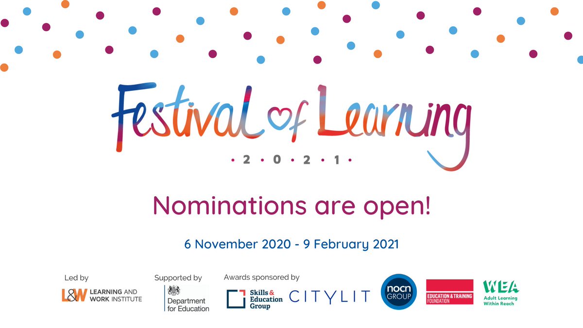 ‼️⏱️ONE MONTH TO GO!⏱️‼️

You still have until 9 February to nominate for #FestivalofLearning2021.

🗣️✉️Tell us about inspirational tutors, providers, employers or individuals that have used education to change their lives and the lives of others...
festivaloflearning.org.uk/2021-nominatio…