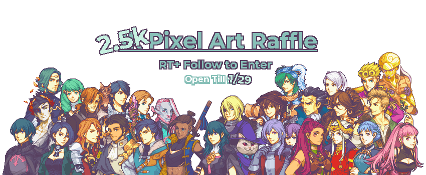 ohyesitstim's tweet photo. 🎊2.5k Pixel Art Raffle!🎊

That time of year folks! A thank you all

RT and Follow to participate! Till 1/29

Three(3) winners will get a 96x80 pixel GBA styled portrait of a character of their choice! 

And Two(2) will get a 128x128 Halfbody portrait!

#pixelart #pixelartraffle https://t.co/anDguU8lDb