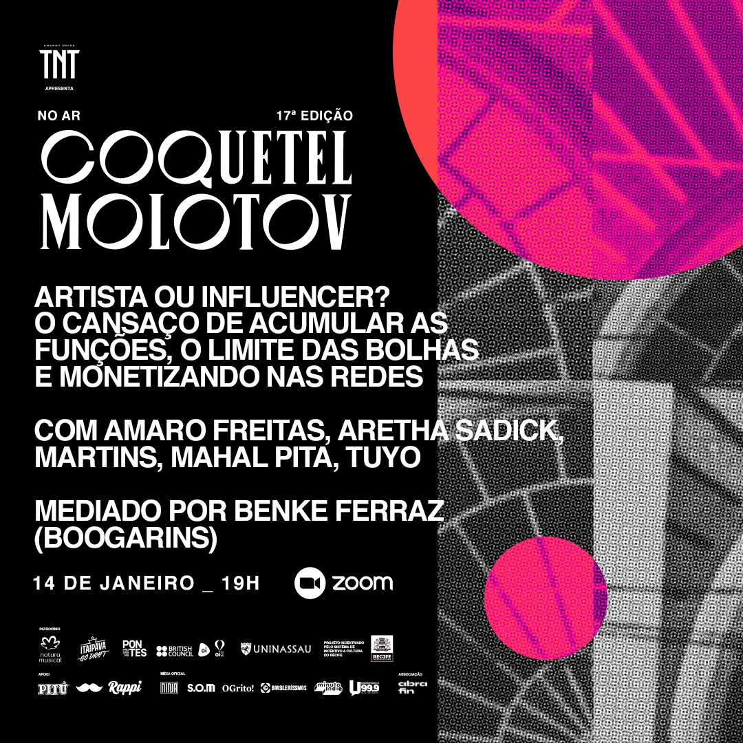 O ano já komeçou e nesta kinta, 19h, estarei ao lado de alguns querids para refletirmos sobre dilemas importants para este 2021; ano de muitos desafios para a arte e para tods nós q dsfrutamos dela em tantas instâncias. Se inscrevam em coquetelmolotov.com.br 🕯✨⚡️Aguardo vocs