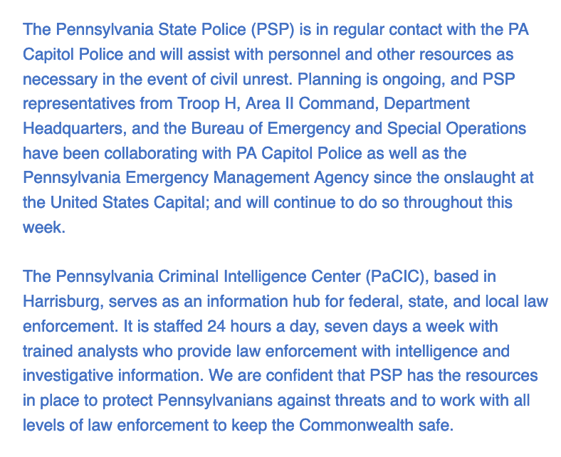 Pennsylvania:"We are confident that PSP has the resources in place to protect Pennsylvanians against threats and to work with all levels of law enforcement to keep the Commonwealth safe."