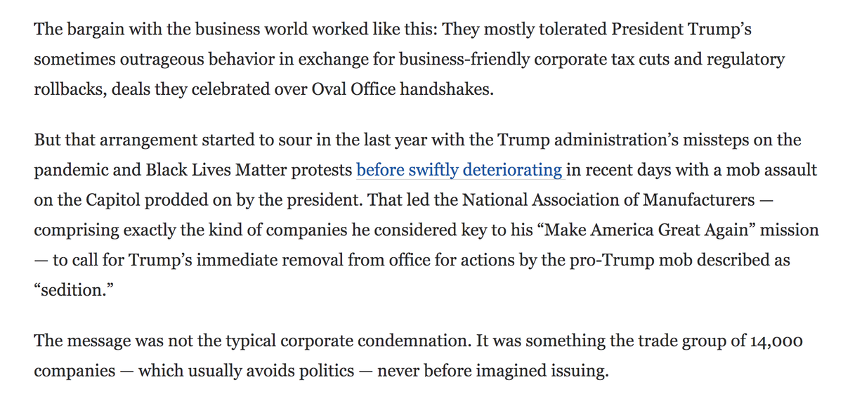 The powerful National Association of Manufacturers is now calling for Trump's impeachment. Hopefully they will also hold accountable his enablers https://www.washingtonpost.com/business/2021/01/08/trump-policies-corporate-america/?fbclid=IwAR1AOw77Ge7EIli9BDepLRtXxMFzXiK7iL4zXxFjnVUH3FH-rG42dQLv8vo