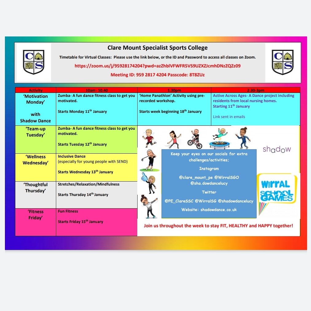 Timetable of shadow and @PE_ClareSSC  virtual offer over the next 5 weeks.

Join us for some fub filled classes and some well needsd wellness classes. Looking forward to staying active and well with you all
#paradanceuk #everyonecandance #Wellbeing #virtuallearning