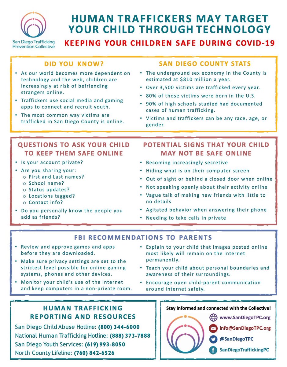 In this time of crisis, while our children are spending more and more time online, they are at higher risk for interacting with traffickers. Share this infographic on how to keep your child safe online via @sandiegotpc.
#HumanTraffickingAwarenessDay #HTAD2021 #EndHumanTrafficking