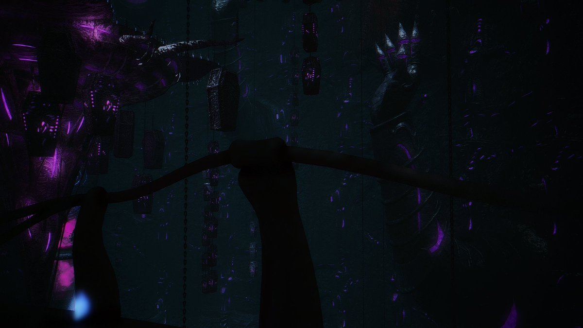 The area after this boss really screams "processing" area to me (I wish I could remember the name) - the endless conveyor of coffins and chains, ominous glowing doors and storage platforms. With the slaughter of the denizens of the ship, the Mhachi use of coffins is SO ominous.