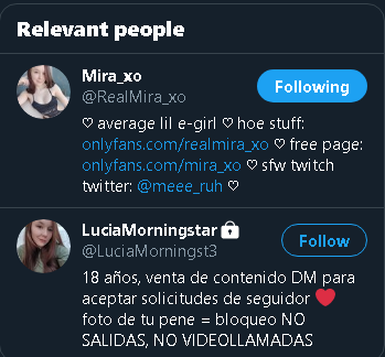 ihud1's tweet photo. @RealMira_xo @LuciaMorningst3 Twitter has put you both in the Relevant people section lmao.. Anyway, reported ;) https://t.co/MUiI4ETzaW