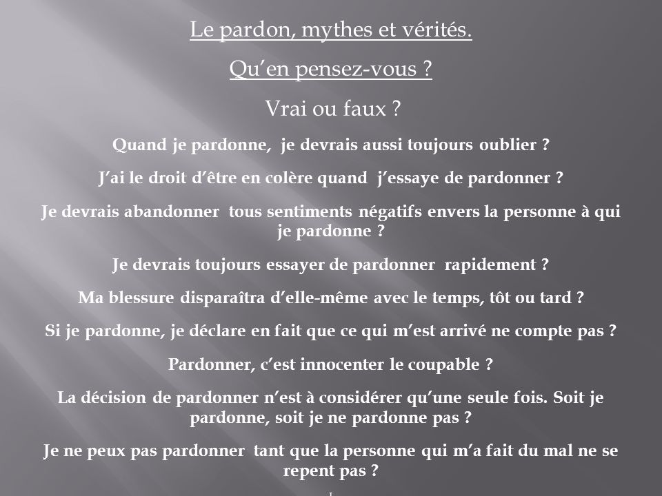 normandchriste9's tweet photo. 8⃣Le pardon, mythes et vérités. Qu’en pensez-vous ? Vrai ou faux ? Quand je pardonne, je devrais aussi toujours oublier ? J’ai le droit d’être en colère quand j’essaye de pardonner ? Je devrais abandonner tous sentiments négatifs envers la personne à qui je pardonne ?🙏 https://t.co/eJWKp2SNMx