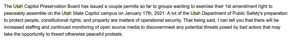 Utah authorities confirm a "couple permits" have been granted for outside the capitol in Romney's home state on Jan. 17, adding police have "increased staffing and continued monitoring of open source media to discover/meet any potential threats posed by bad actors."