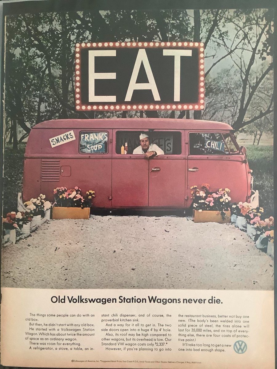 doctorow's tweet image. Title: “Old Volkswagen Station Wagons Never Die,” 1966 advertisingpics.tumblr.com/post/640037186…