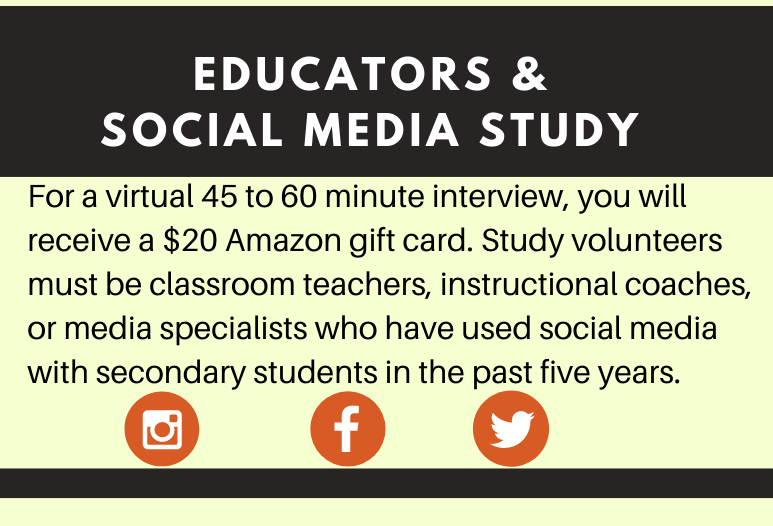 jacroehl's tweet photo. Are you a secondary educator who uses social media to help students build skills to understand issues impacting their community? If so, you're invited to participate in my dissertation study! If interested, click here for more info:   https://t.co/wl3AtObIH3 https://t.co/1qsRiuz8Sd