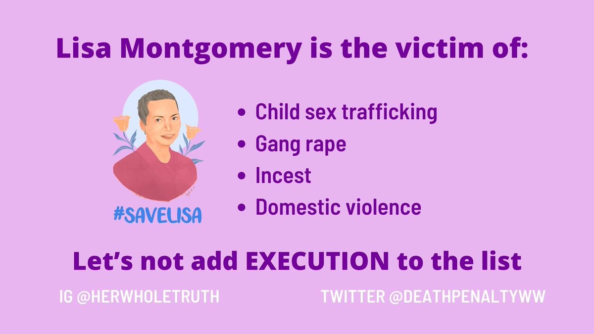 #LisaMontgomery is scheduled to be executed tomorrow. There is still time to #SaveLisa 1. Sign the petition: bit.ly/3hTRdNT 2. Retweet this post
