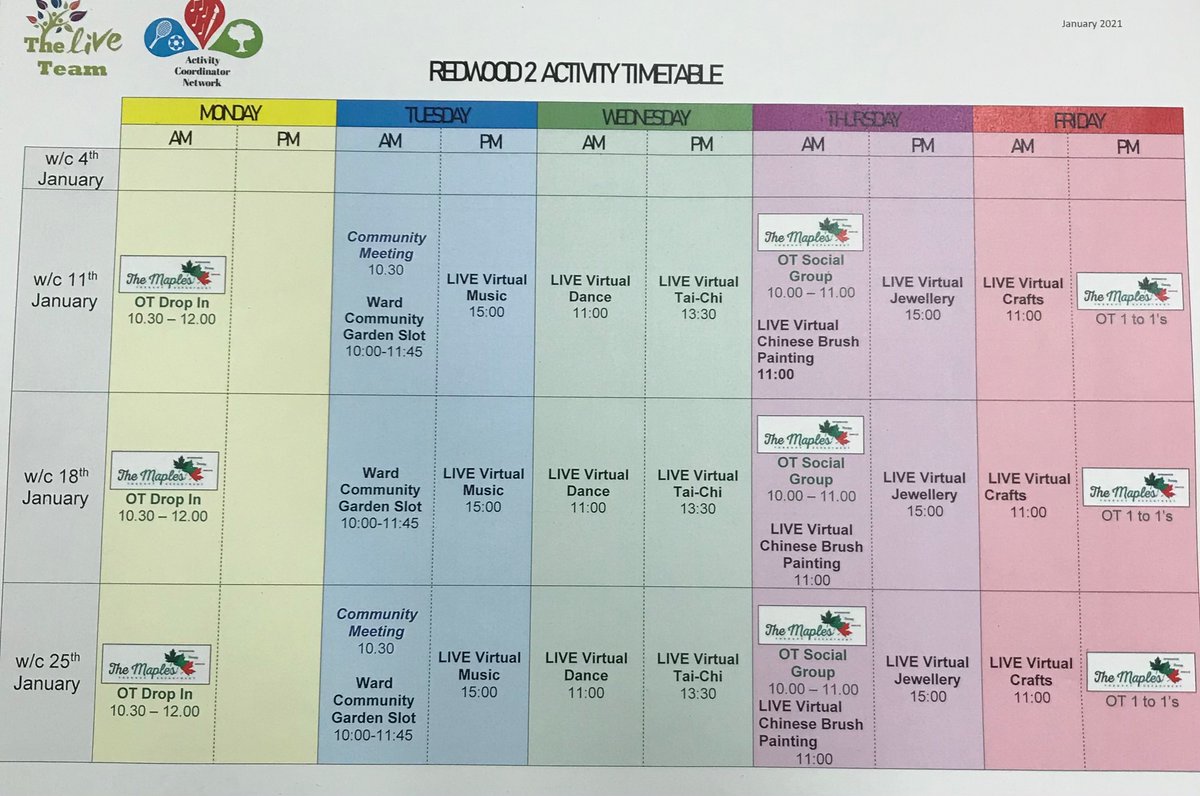 Our timetable for January! We are all ready for some routine now Christmas and NY are distant memories. Community meeting back tomorrow &amp; we are particularly looking forward to Thursday’s Virtual Chinese Brush painting organised by <a href="/TheLiveTeam_/">Live Team</a>! <a href="/MaplesDept/">Maples Therapy</a> #Live #OT #Redwood2