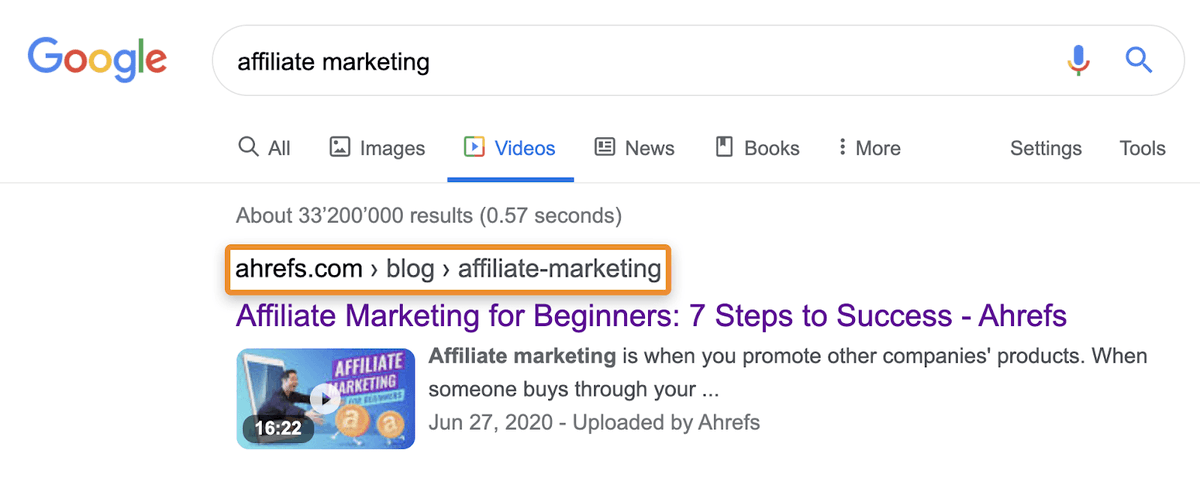 The interesting thing about this tab is that it doesn’t just show YouTube videos. It also shows pages from the web results with relevant video embeds.For example, take a look at the Videos tab for “affiliate marketing”: