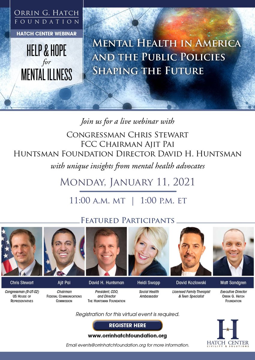 OrrinHatch's tweet photo. HAPPENING NOW: #HatchCenter's live webinar on #mentalhealth in America and the public policies shaping the future with @RepChrisStewart, @AjitPaiFCC, Huntsman Foundation Director David H. Huntsman, @heidiswapp, and David Kozlowski. #NineEightEight https://t.co/NvKiV01Z3w