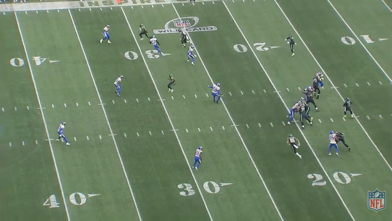 Just before Russ throws the passAaand, as Lockett sets up for a curl route just past the sticks, 58 is exactly in the middle of Russ and Lockett, leading Russ to deliver the pass to Hollister short of the sticks (which falls incomplete in any case).