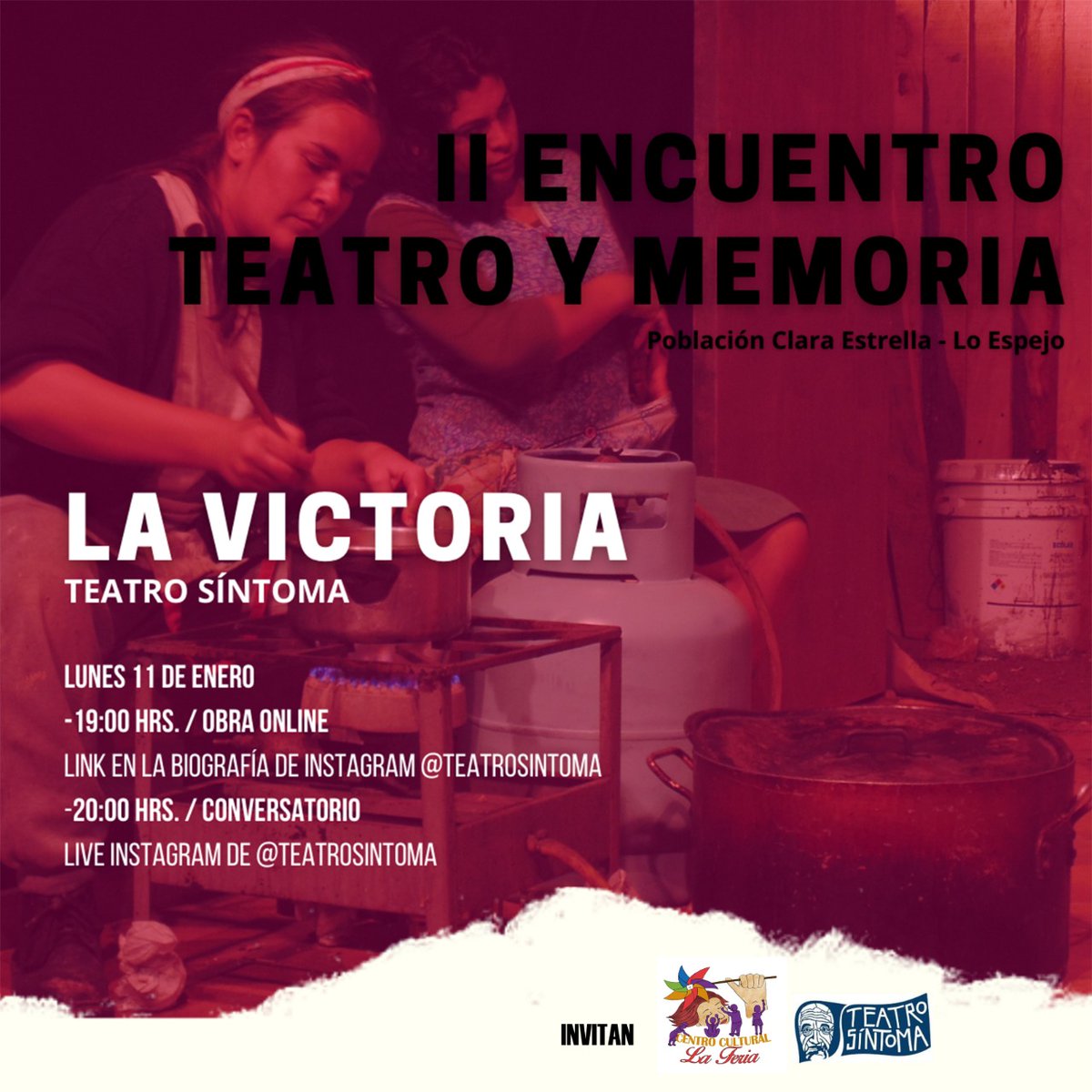#Hoy comienza el II Encuentro de Teatro y Memoria de Lo Espejo 🎭 Lxs esperamos con nuestra #ObraLaVictoria:
▶️ 19 hrs Transmisión youtu.be/aeUNZOA9gAc
💬 20 hrs Conversatorio vía live de Instagram
instagram.com/teatroymemoria…  📣¡Difundan, compartan, asistan!
