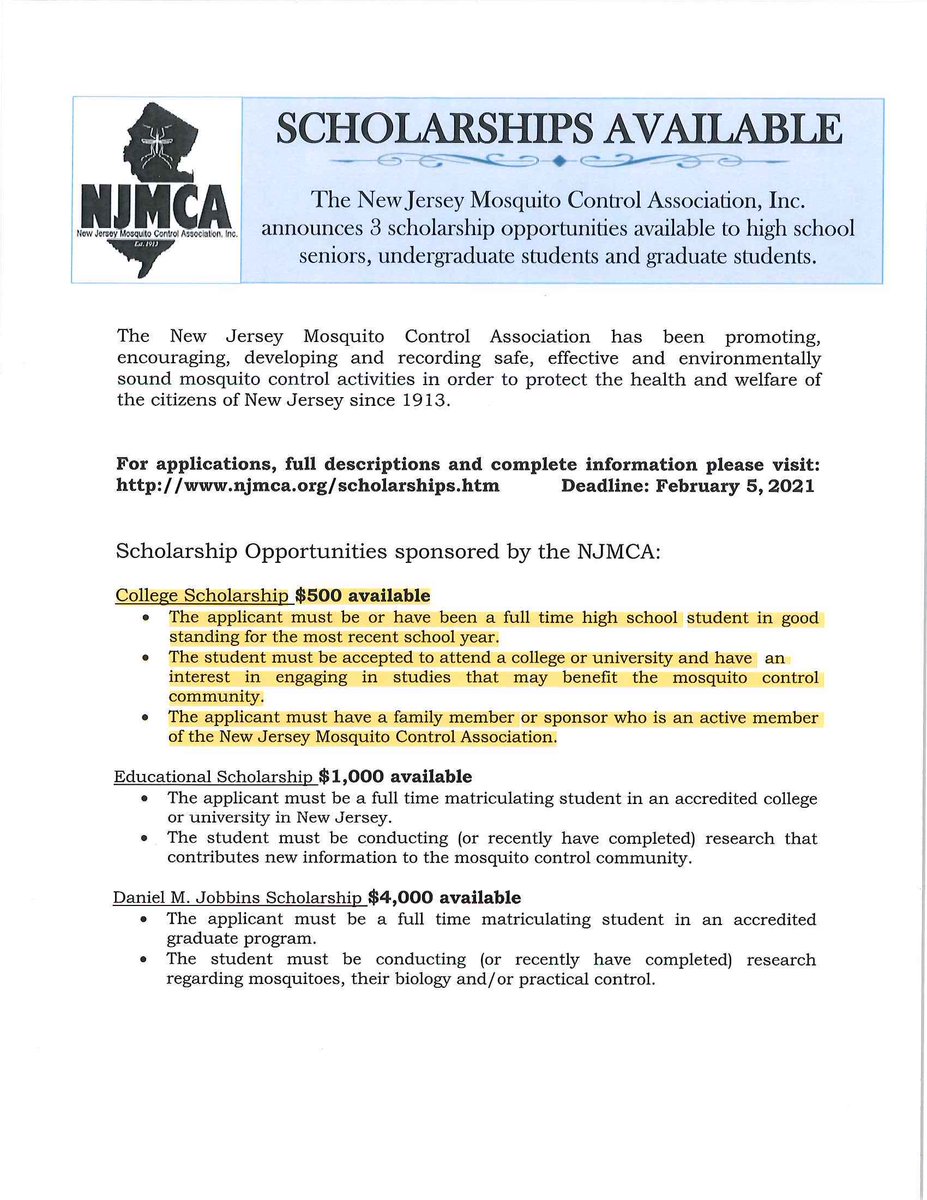 New Jersey Mosquito Control Association Scholarships Deadline Feb. 5th.