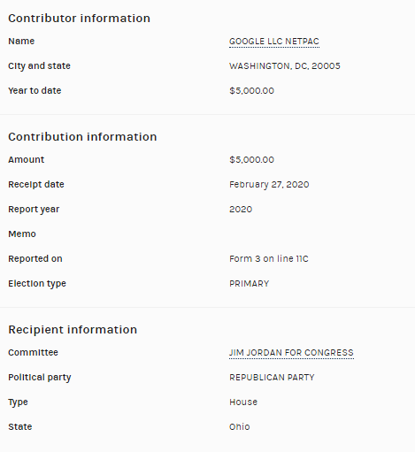 In September 2020,  @Google LLC NetPAC gave $5K to  @Jim_Jordan. They also gave $5K during the primary. https://www.fastcompany.com/90535573/that-guy-yelling-during-the-antitrust-hearing-this-week-google-funds-him