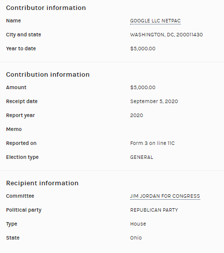 In September 2020,  @Google LLC NetPAC gave $5K to  @Jim_Jordan. They also gave $5K during the primary. https://www.fastcompany.com/90535573/that-guy-yelling-during-the-antitrust-hearing-this-week-google-funds-him