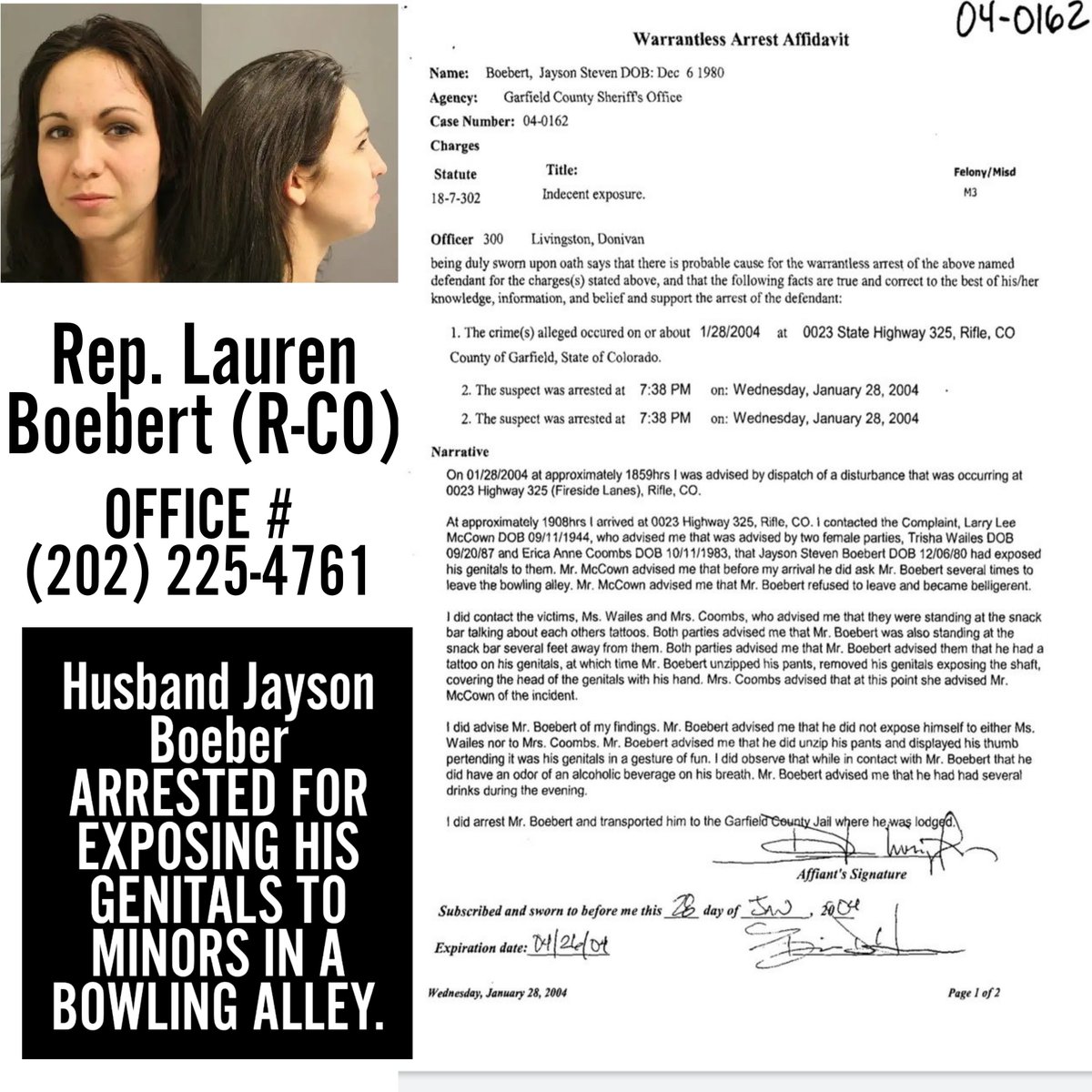 SMACKtheRedOut's tweet photo. @laurenboebert Cami Carlson. We will fix this then drink Scotch🌊 (@ThePrettyEdge) Tweeted:
@laurenboebert Husband #JayBoebert arrested for exposing his genitals to minors in a bowling alley. #LaurenBoebertResign https://t.co/fgVV4rDxlG https://t.co/0h3DfQKNWh
