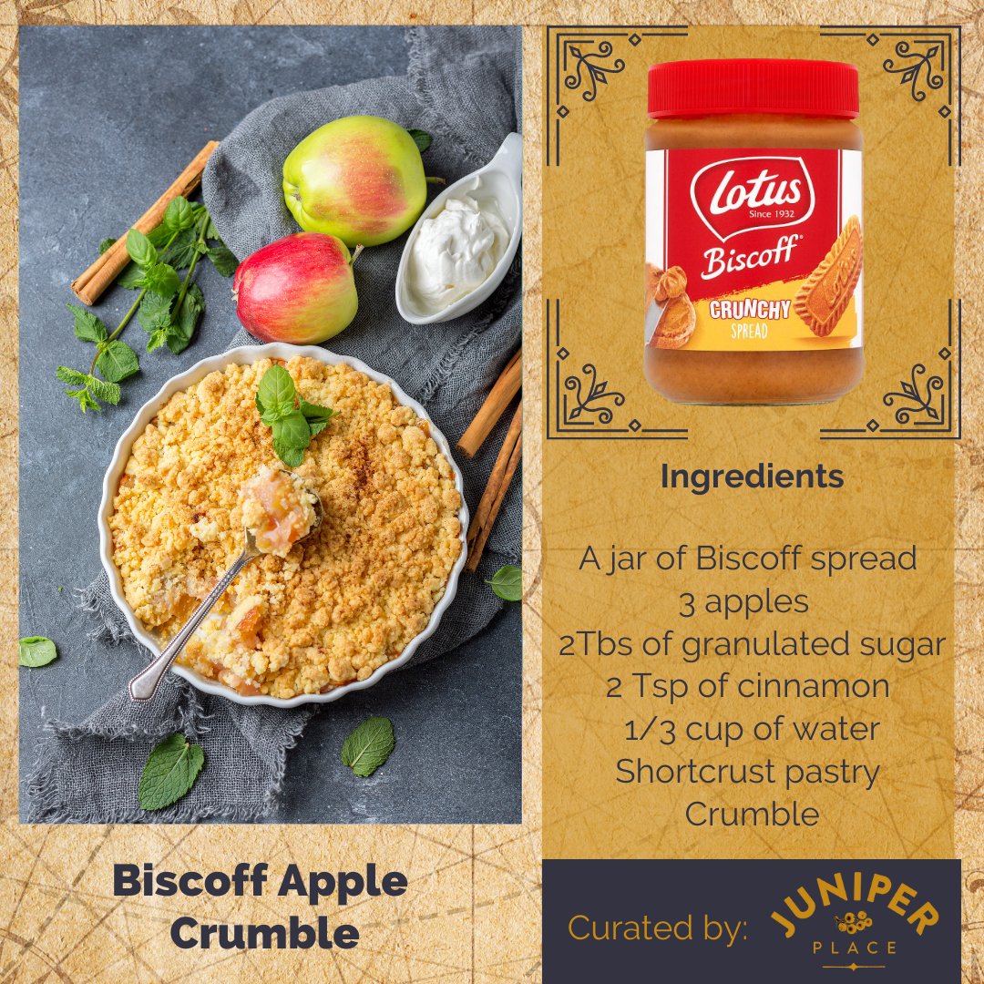 Here we present a recipe inspired by Chef's caramelised apple &amp; Biscoff crumble, with a video on our website, together with the history of this world-beating biscuit!  juniper-place.co.uk/#menu
#lotusbiscoff #applecrumble #lotus #juniperplace #cardiff #swansea #recipes