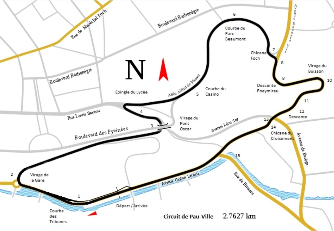 The next big race was the Pau Grand Prix , it was held on the Pau Circuit and on the 4th of April. The track was 2.760km long an the race went over 110 laps (304.590 km). The track: