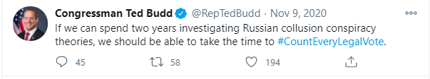 /7 - On Nov 9th Budd tweeted 2 comments building his propaganda that if we can spend two years on Russia collusions and then tweets that AG Barr is looking into the "Allegations"