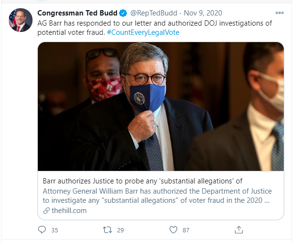 /7 - On Nov 9th Budd tweeted 2 comments building his propaganda that if we can spend two years on Russia collusions and then tweets that AG Barr is looking into the "Allegations"