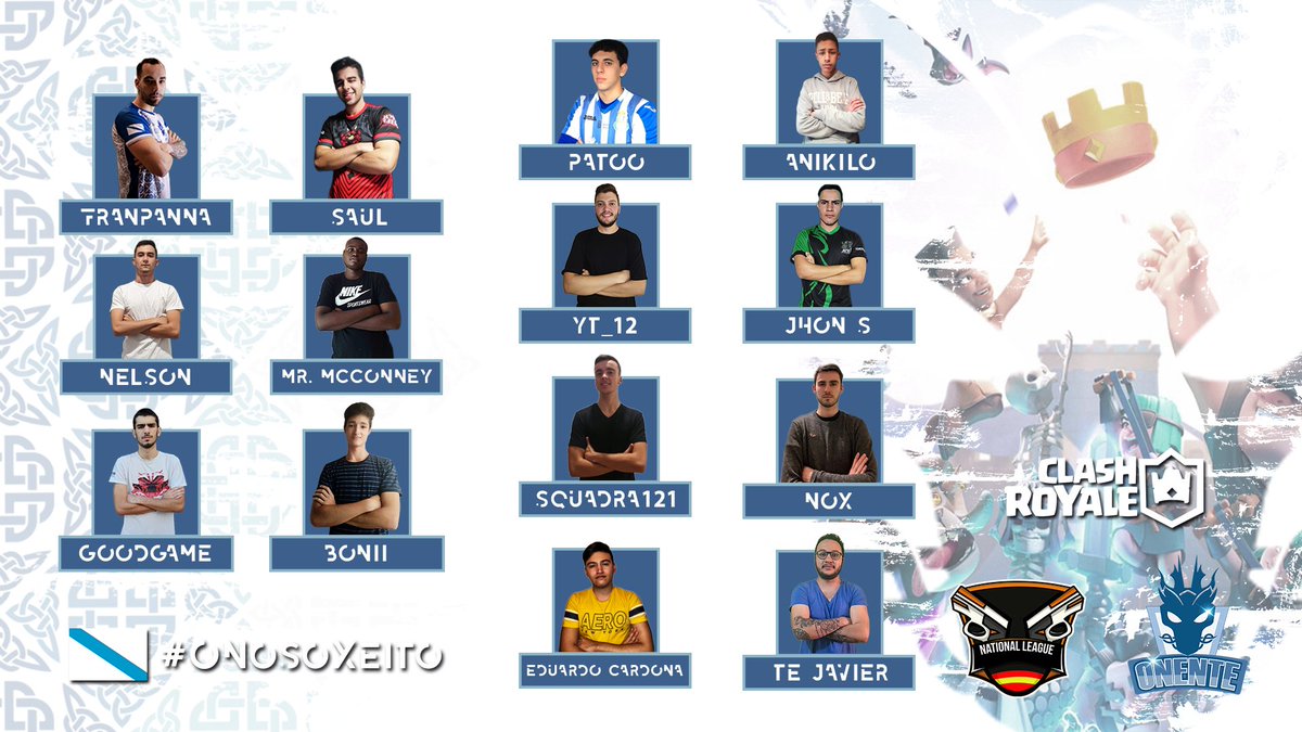 ¡Os presentamos a nuestro roster de <a href="/ClashRoyaleES/">Clash Royale ES</a>!👑

¡Esperamos estar a la altura de esta 8ª edición de la @NationaLeague_!

¡Daremos lo mejor de nosotros! 💪

 #ONosoXeito

@Nox_bzh <a href="/Jhon_S24/">Jhon Vargas</a> <a href="/YT_12CR/">YT_12</a> <a href="/adnanlaghnam/">Adnan_CR</a> <a href="/mares_nil/">SquAdra121</a> <a href="/raulmoreeno/">Raul Moreno</a> <a href="/EduardoCardoona/">Eduardo Cardona</a> <a href="/JaviDiaz475/">Javier Díaz</a>