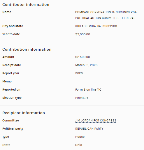 The PAC for  @comcast and  @NBCUniversal gave $10K this past cycle to  @Jim_Jordan.Comcast did not respond to  @JuddLegum's request for comment on whether they would cease donations to congressmembers who objected to the Electoral College certification. https://popular.info/p/three-major-corporations-say-they